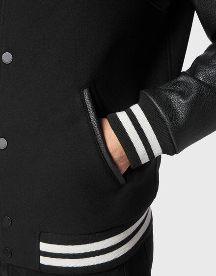 Slim Cut Wool And Leather Bomber Embroidery