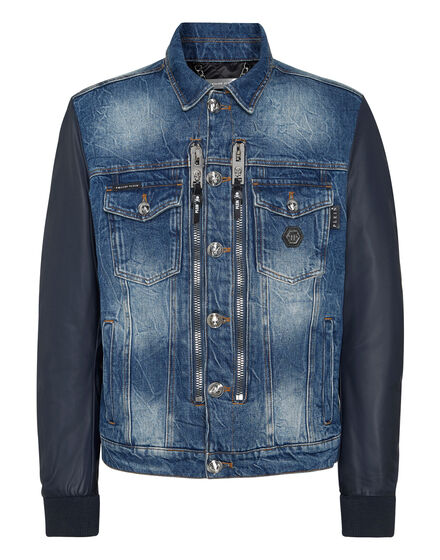 Denim Regular Jacket with Nylon Sleeves Hexagon