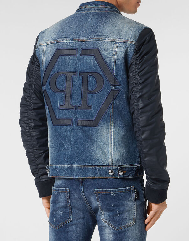 Denim Regular Jacket with Nylon Sleeves Hexagon