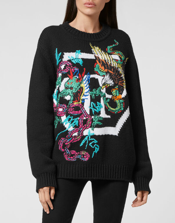 Wool Cotton Pullover Round Neck LS Tattoo Patches