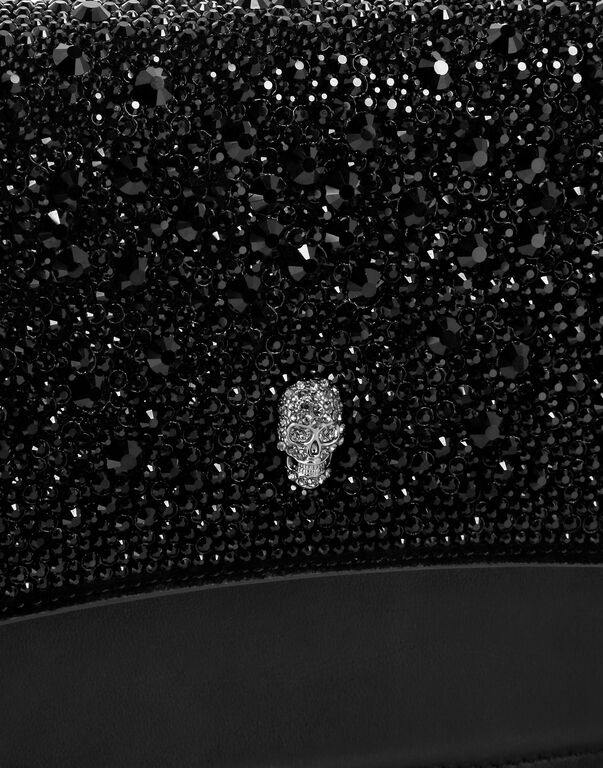 Suede Crystal Baguette Handle Bag Skull