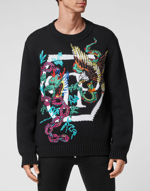 Wool Cotton Pullover Round Neck LS Tattoo Patches