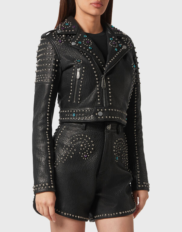 Vintage Leather Cropped Biker Jacket Studs