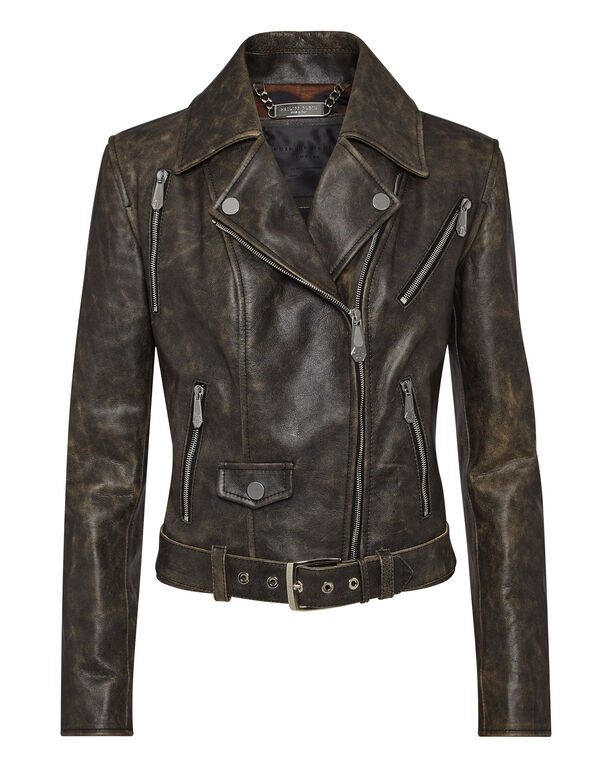 Shoulder Padded Leather Biker Jacket