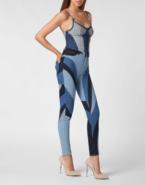Denim Super High Waist Jeggings Patchwork