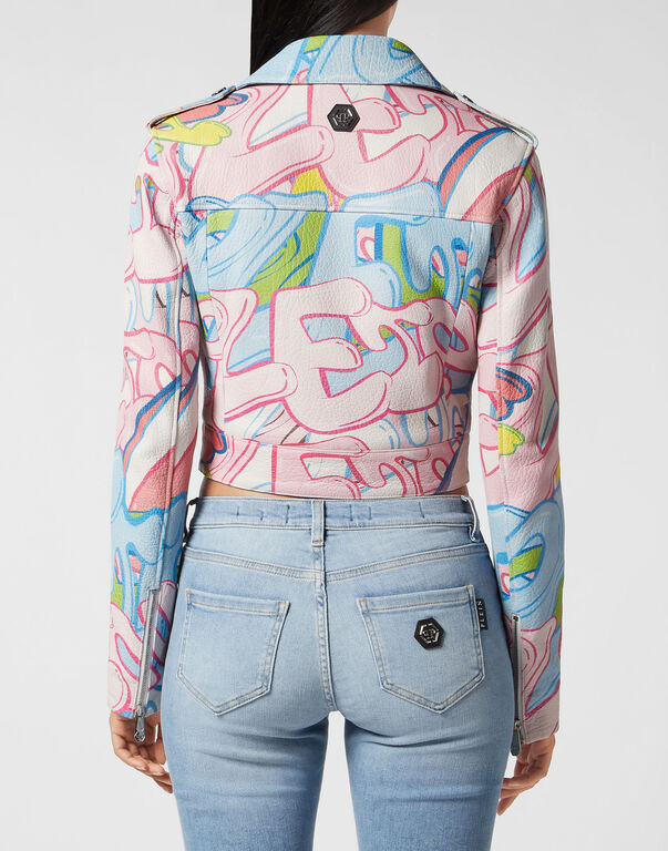 Cropped Boxy Biker Jacket Bombing Graffiti