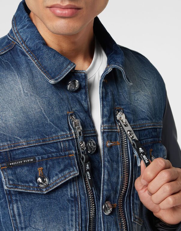 Denim Regular Jacket with Nylon Sleeves Hexagon