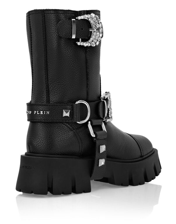 Leather Biker Boots Crystal Buckle