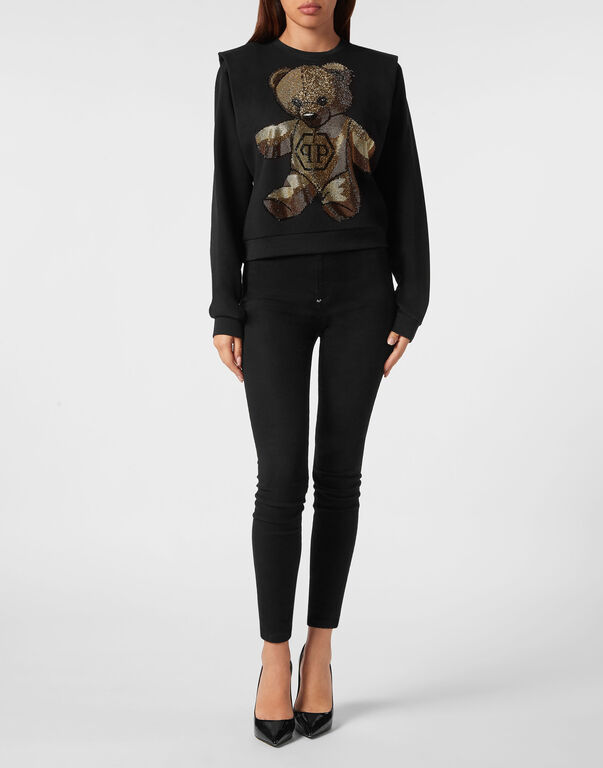 Cropped Padded Shoulder Sweatshirt with Crystals Teddy Bear
