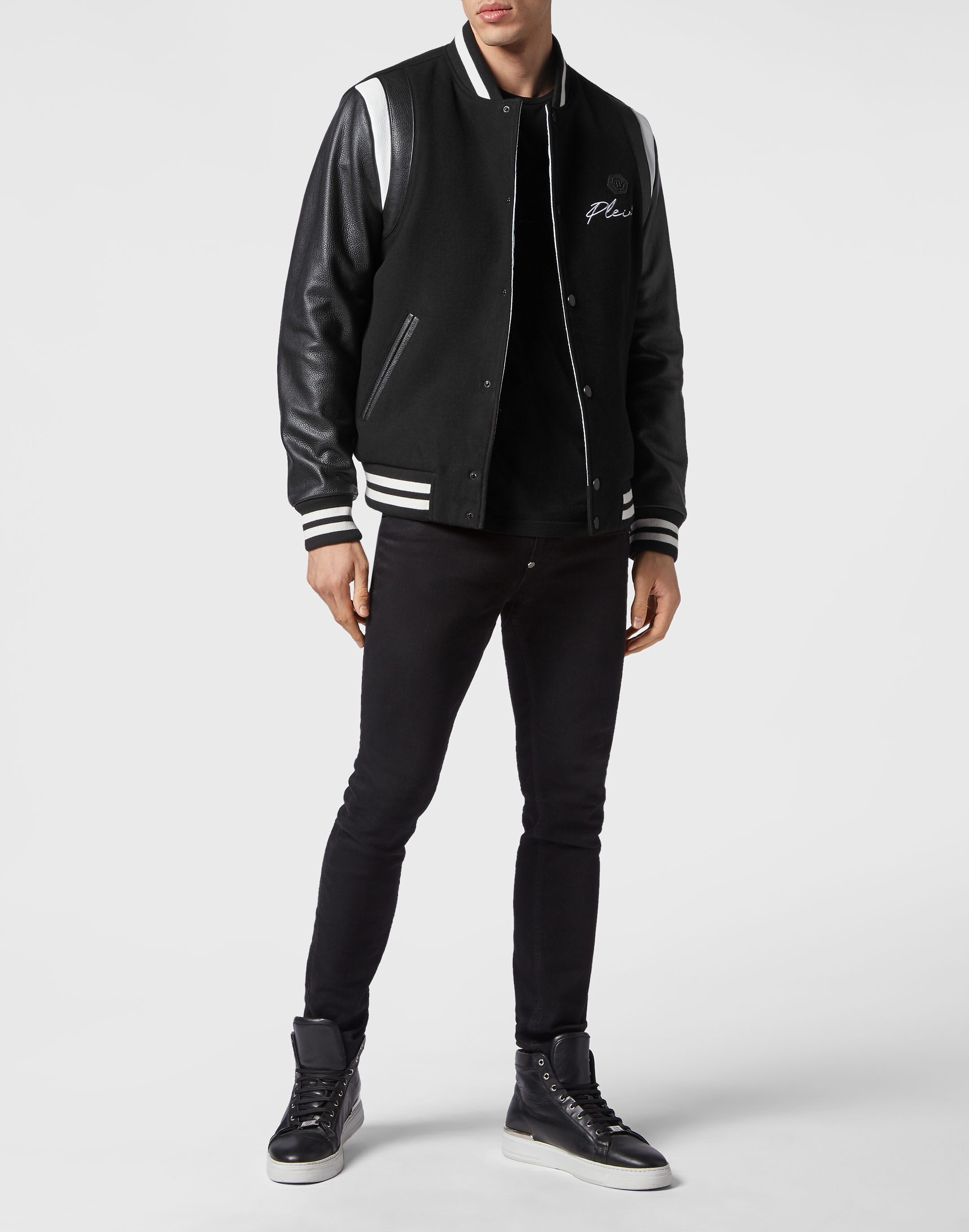 Leather wool online bomber jacket