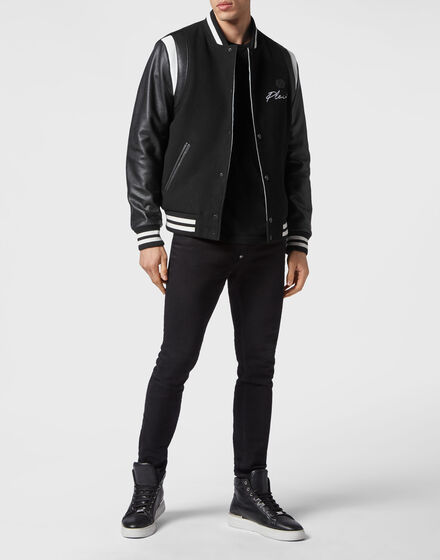 Slim Cut Wool And Leather Bomber Embroidery
