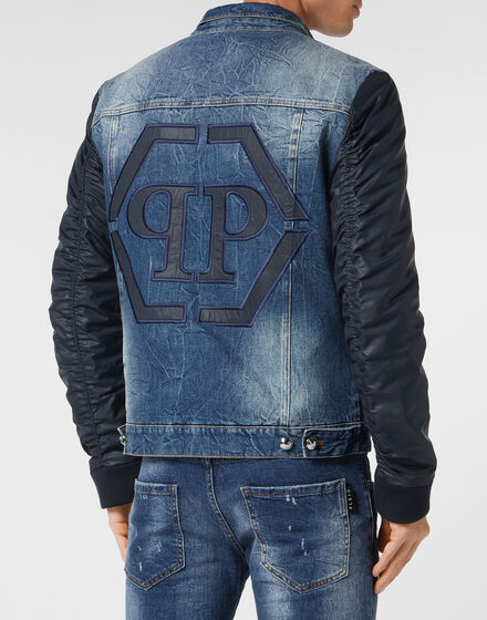 Denim Regular Jacket with Nylon Sleeves Hexagon
