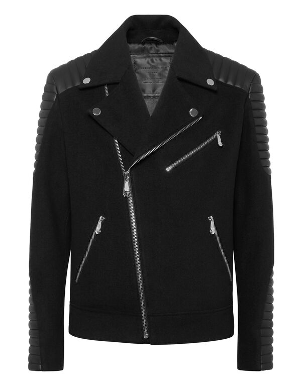 Wool Biker Jacket with Leather Inserts