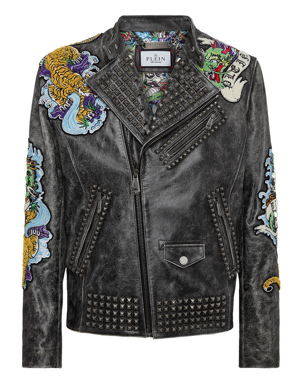 Leather Vintage-Effect Biker Jacket Tattoo
