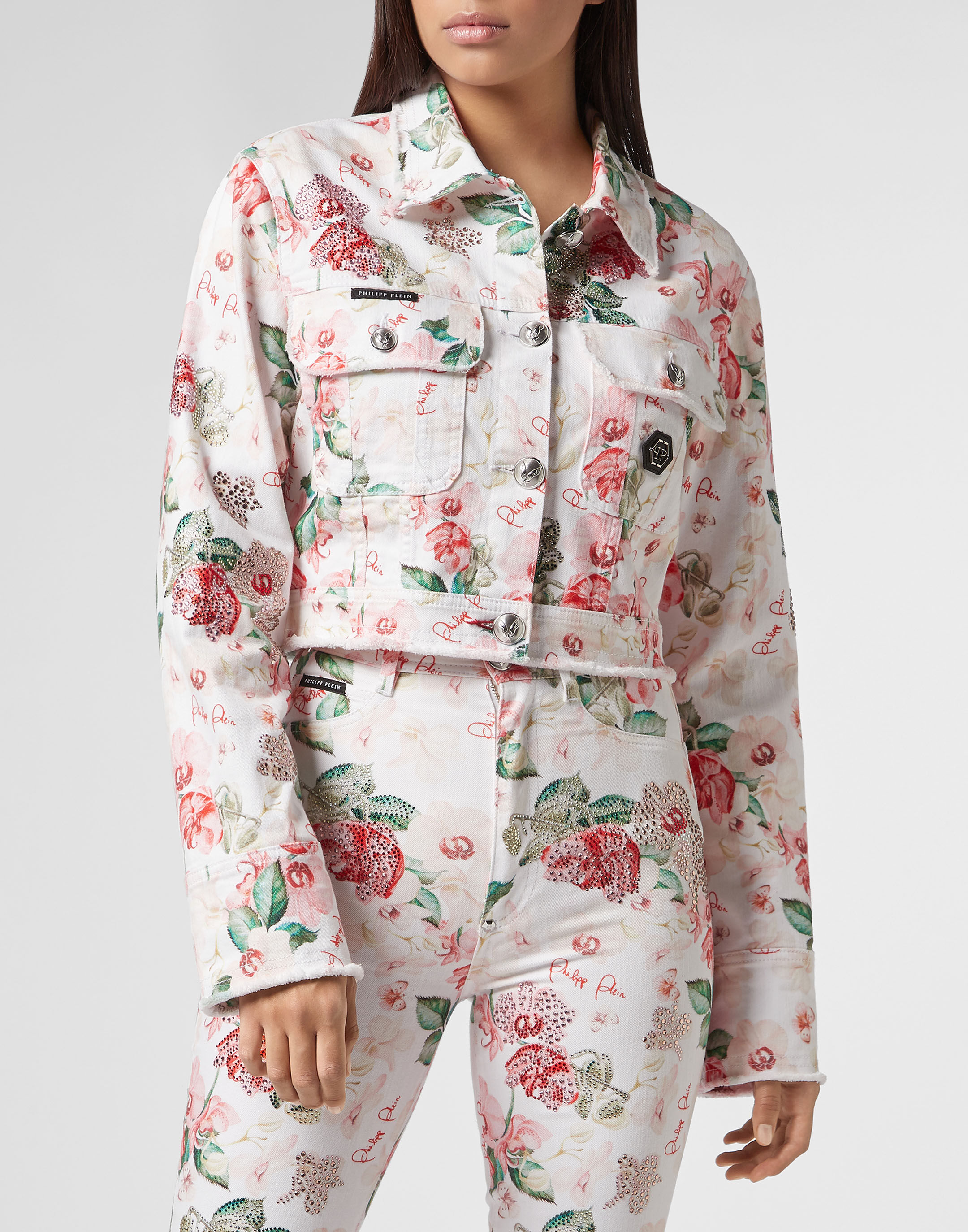 pink and white denim jacket