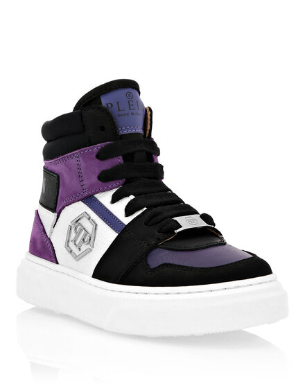 LEATHER HI-TOP SNEAKERS MIX MATERIALS HEXAGON AND PLEIN