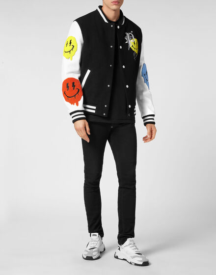 Woolen Cloth College Bomber with Leather Arms Smile