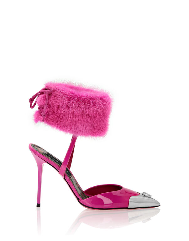 Patent Leather & Real Fur Decollete Mid-Heels Crystal Skull