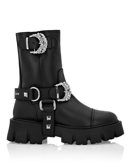 Leather Biker Boots Crystal Buckle