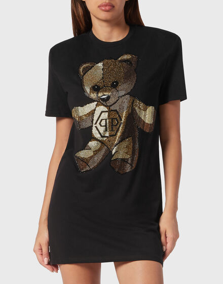 Padded Shoulder T-Shirt Dress with Crystals Teddy Bear