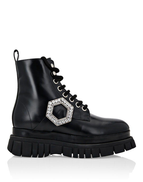 Shiny Leather Boots Mid Flat Crystal Hexagon