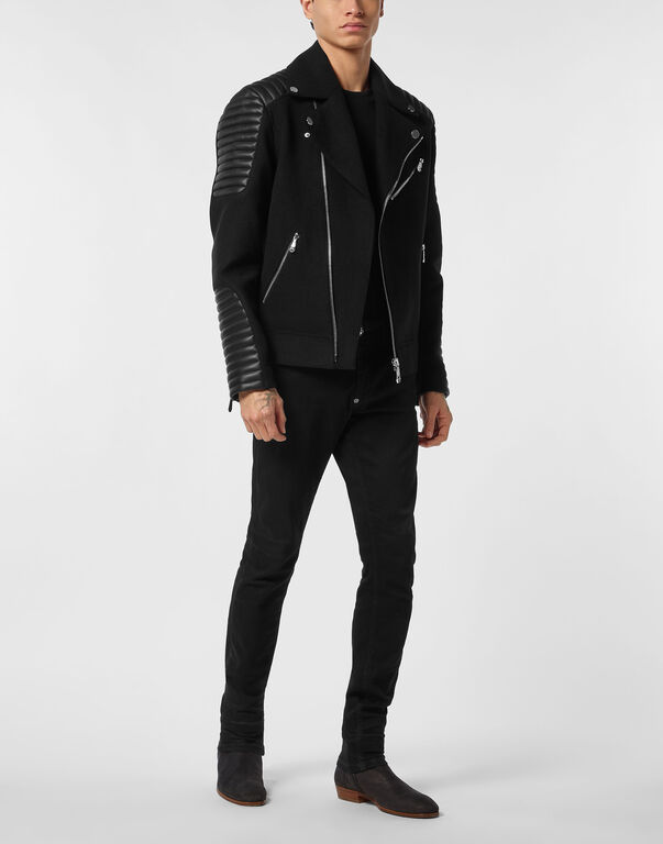 Wool Biker Jacket with Leather Inserts