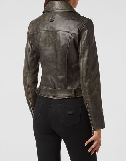 Shoulder Padded Leather Biker Jacket