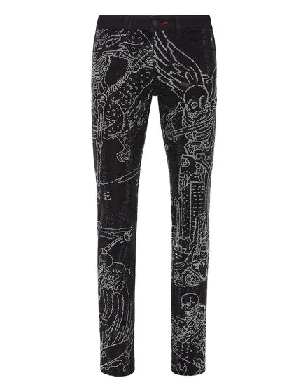 Denim Trousers Super Straight Cut Strass Skeleton tattoo with Crystals