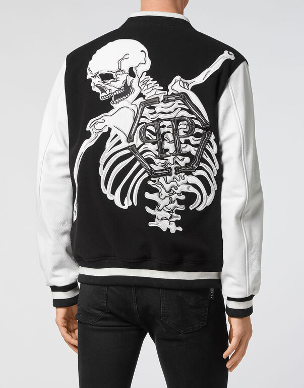 College Bomber Leather sleeves Skeleton