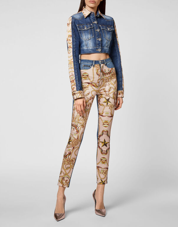 Versace Jeans Couture Baroque Jewels Printed Insert Denim Cropped Jacket  (Denim,Jackets)
