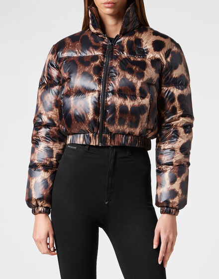 Cropped Nylon Down Jacket Leopard