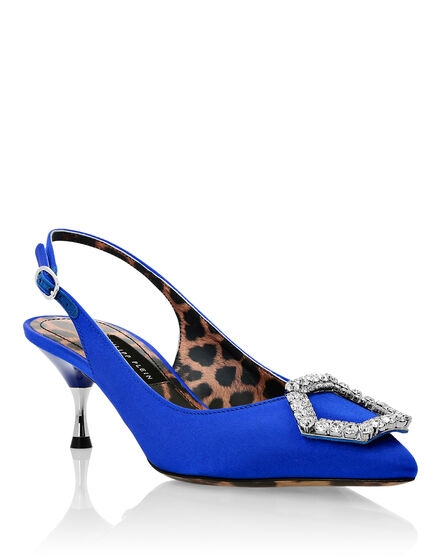 Satin Decollete Slingback Low Heels Crystal Hexagon