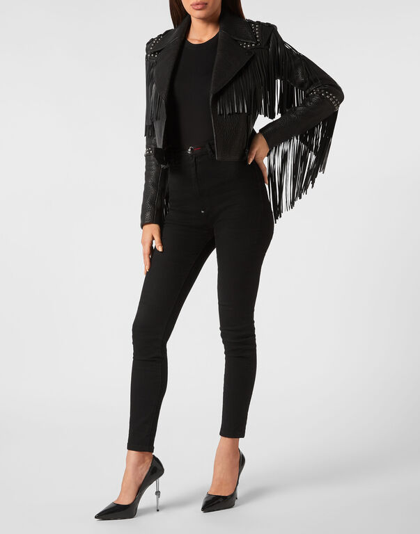 Leather Cropped Jacket Fringe