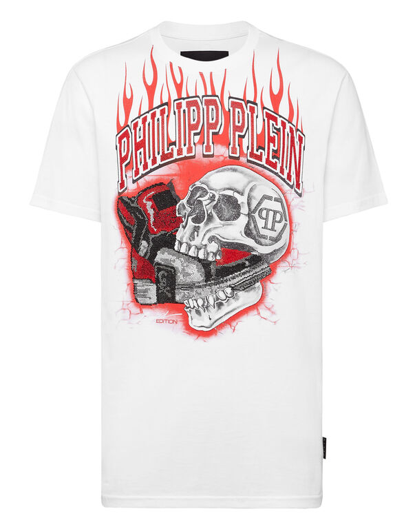T-shirt Round Neck SS Skull on fire with Crystals