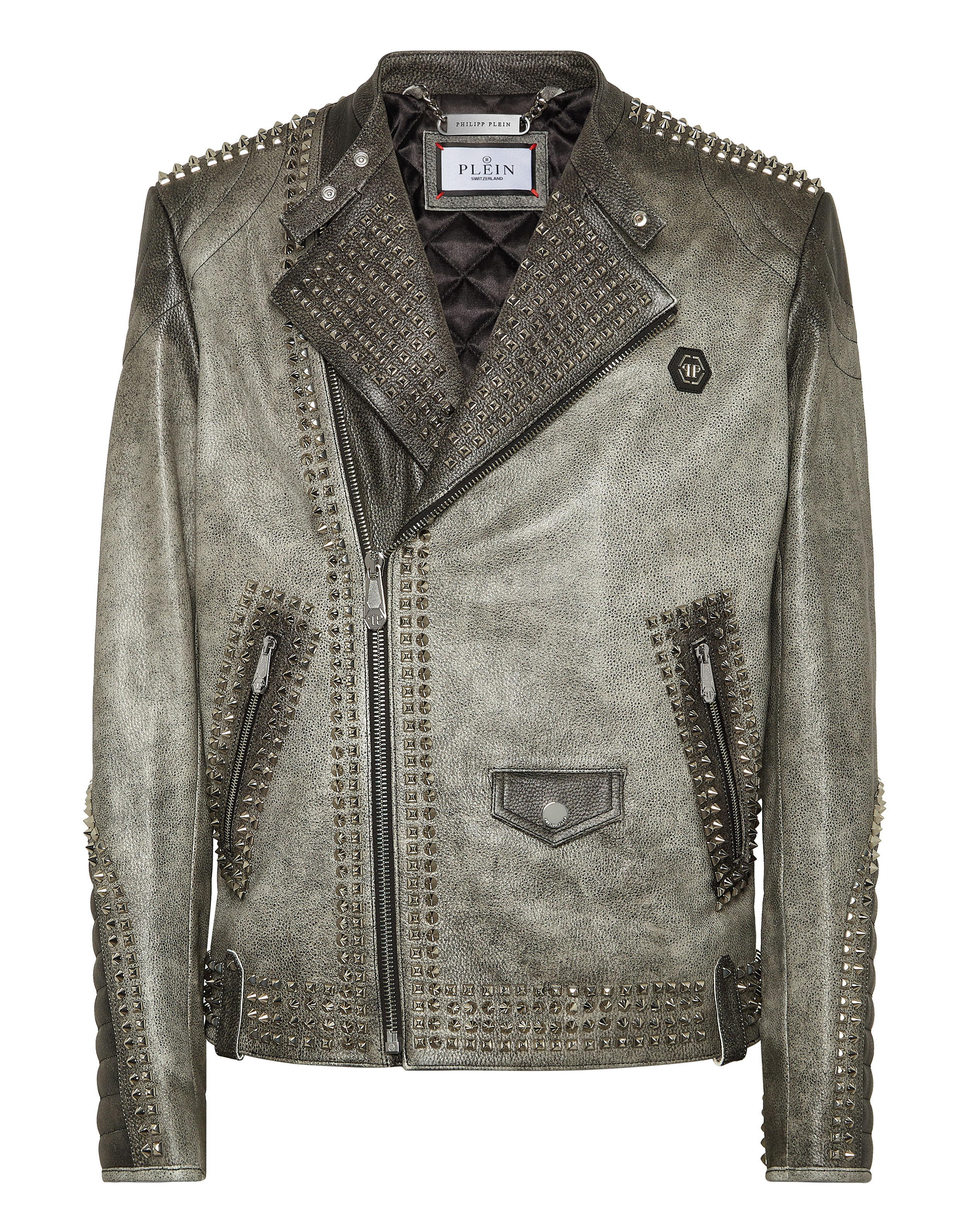 Leather Biker Jacket With Patch Studs | Philipp Plein Outlet
