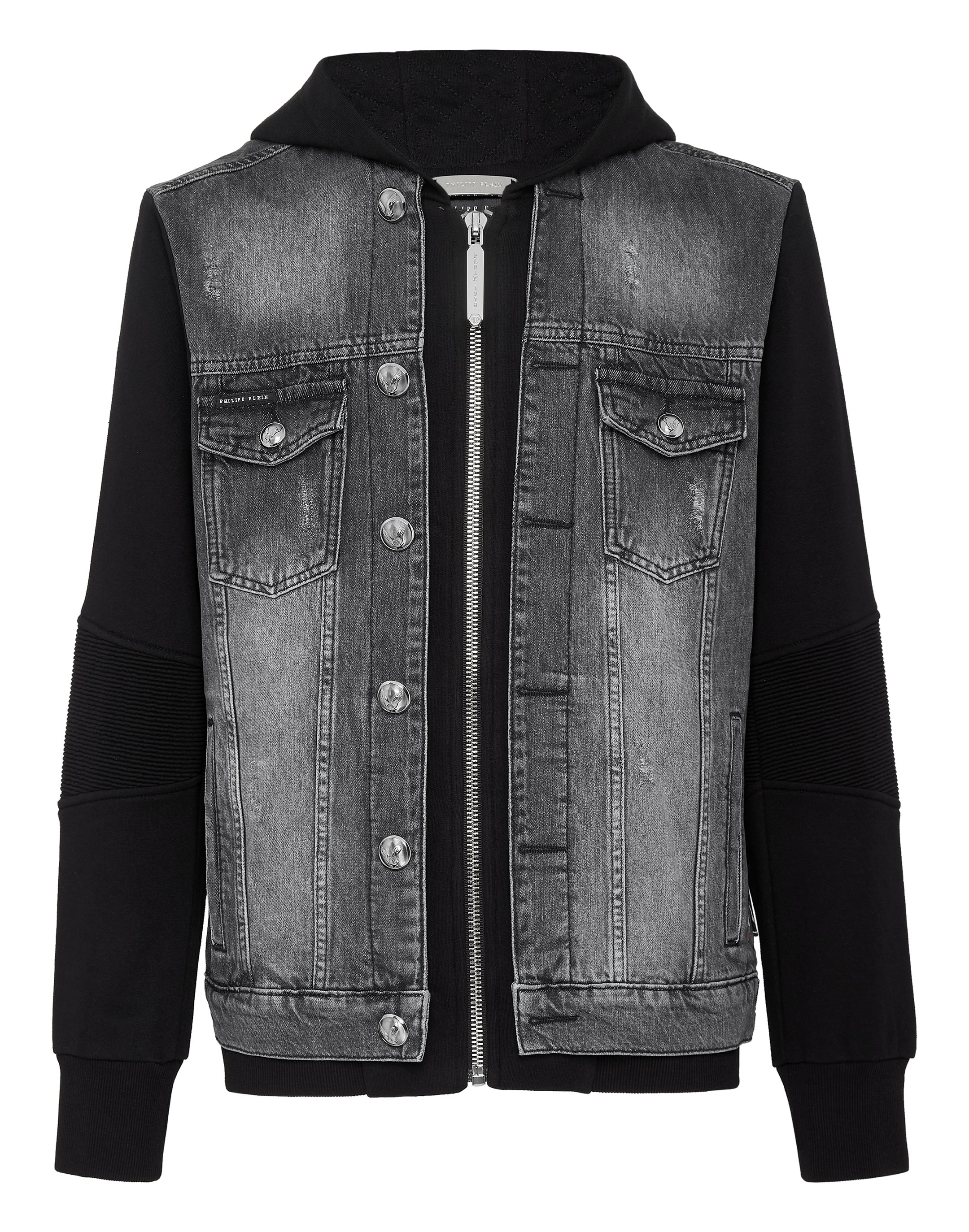 Mens Hooded Leather Denim Jacket