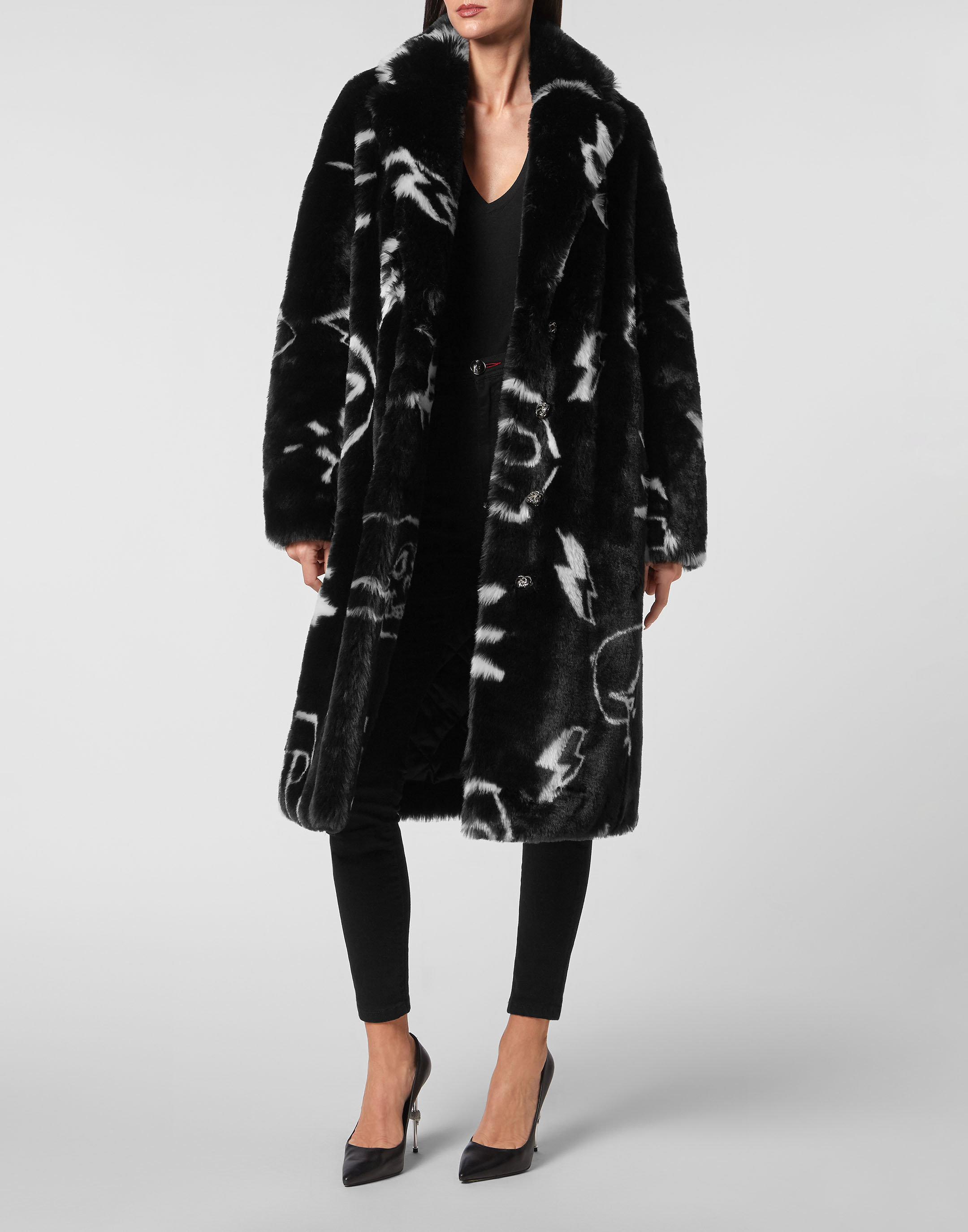 Philipp Plein Monogram-Embossed Long Shearling Coat