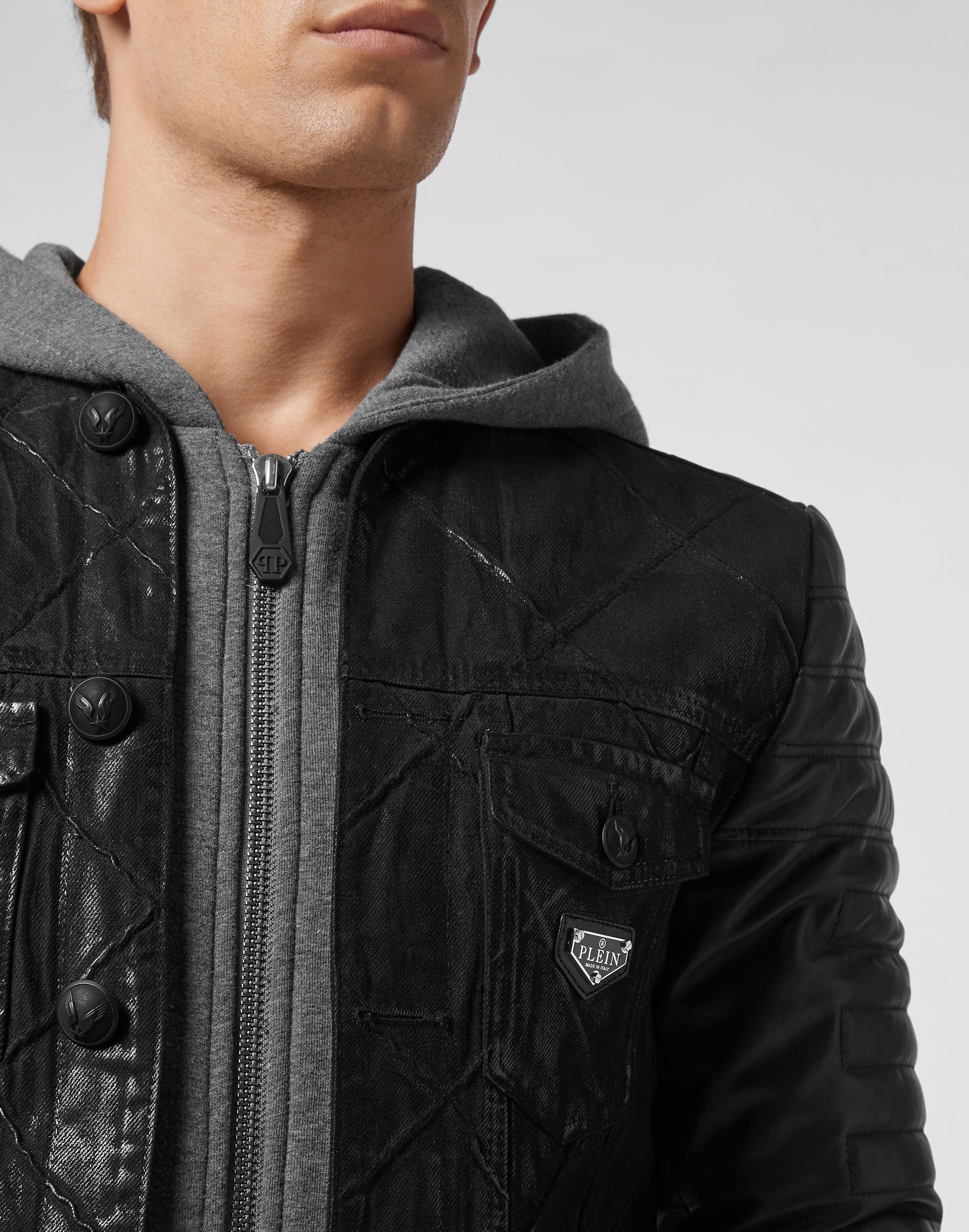 Denim Jacket with jersey hoodie Iconic Plein | Philipp Plein Outlet