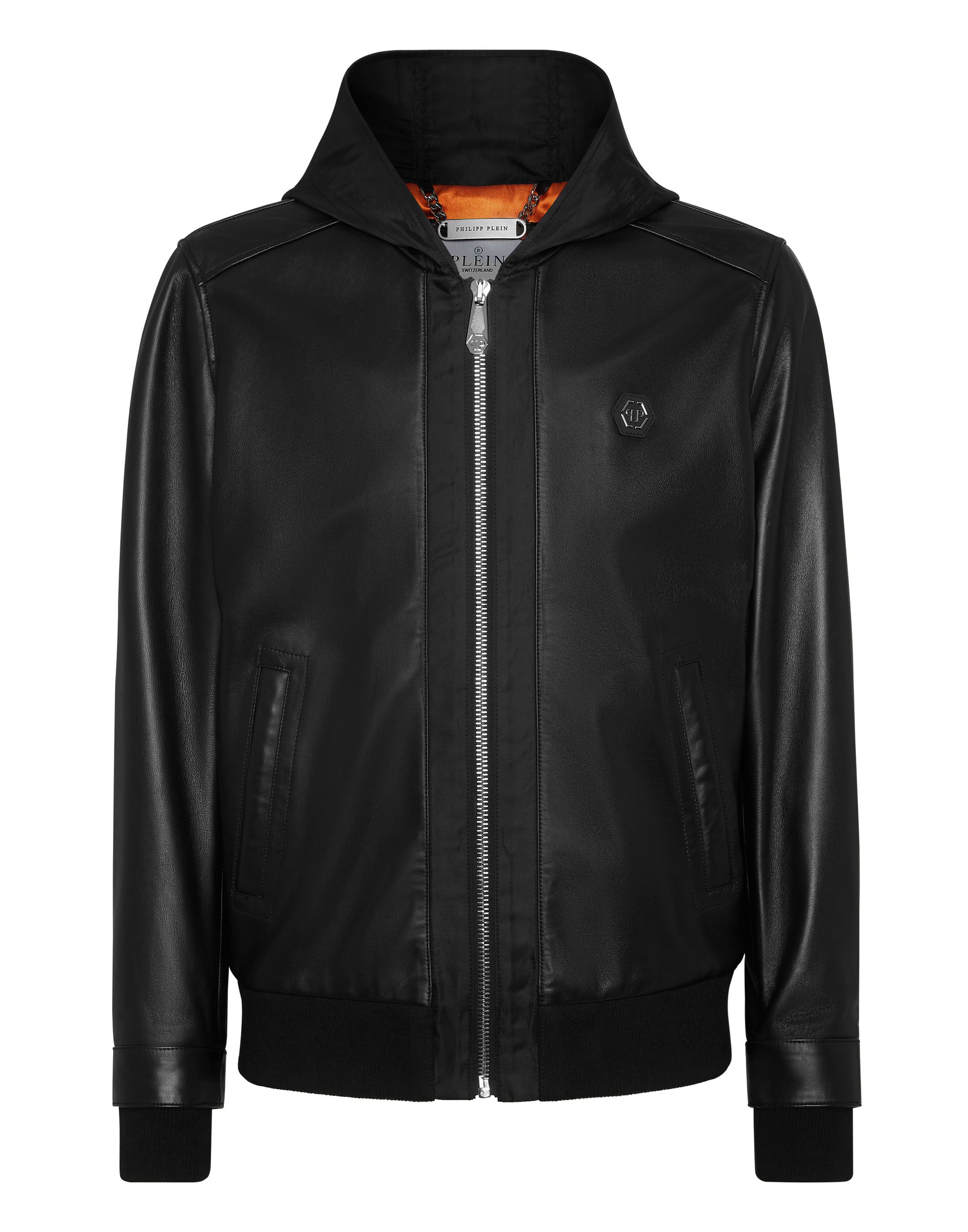 Leather Hooded Bomber with Satin Inserts | Philipp Plein Outlet