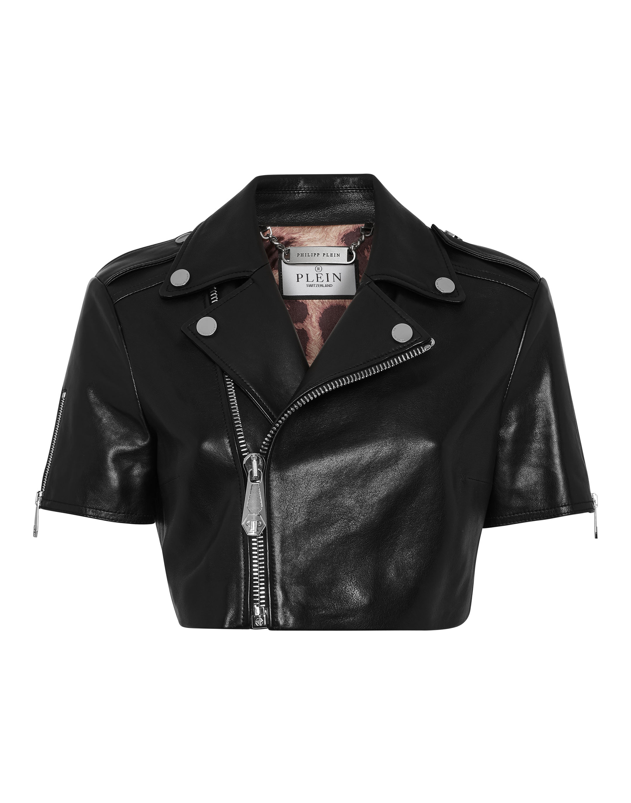 Leather Cropped Biker Short Sleeve Jacket | Philipp Plein Outlet