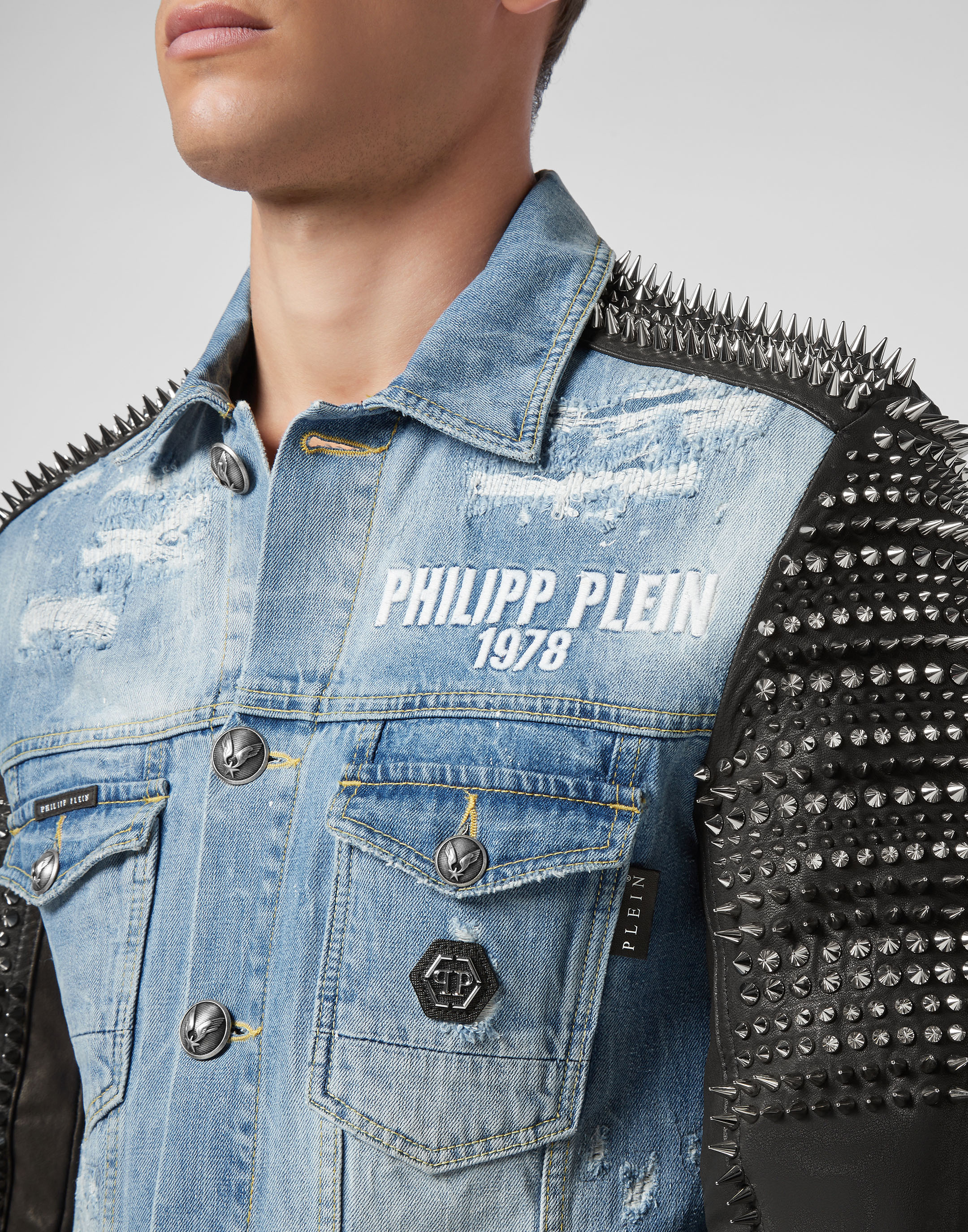 Denim jacket with studs shop