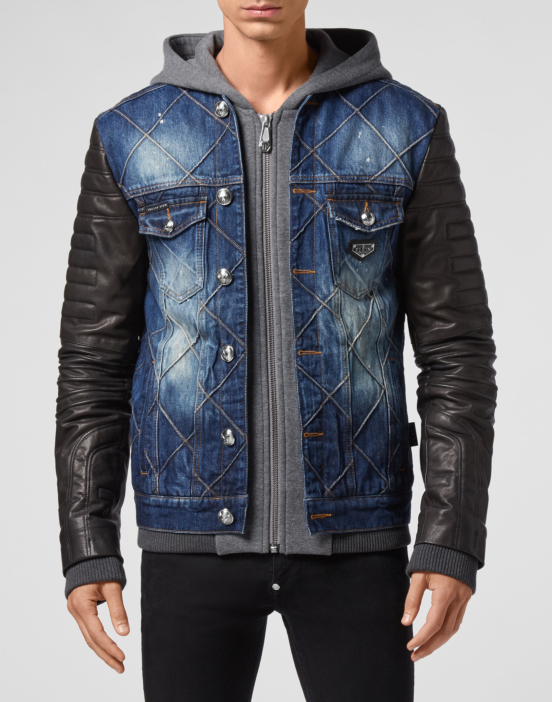 Denim Leather Jacket  Hooded Denim Leather Jacket