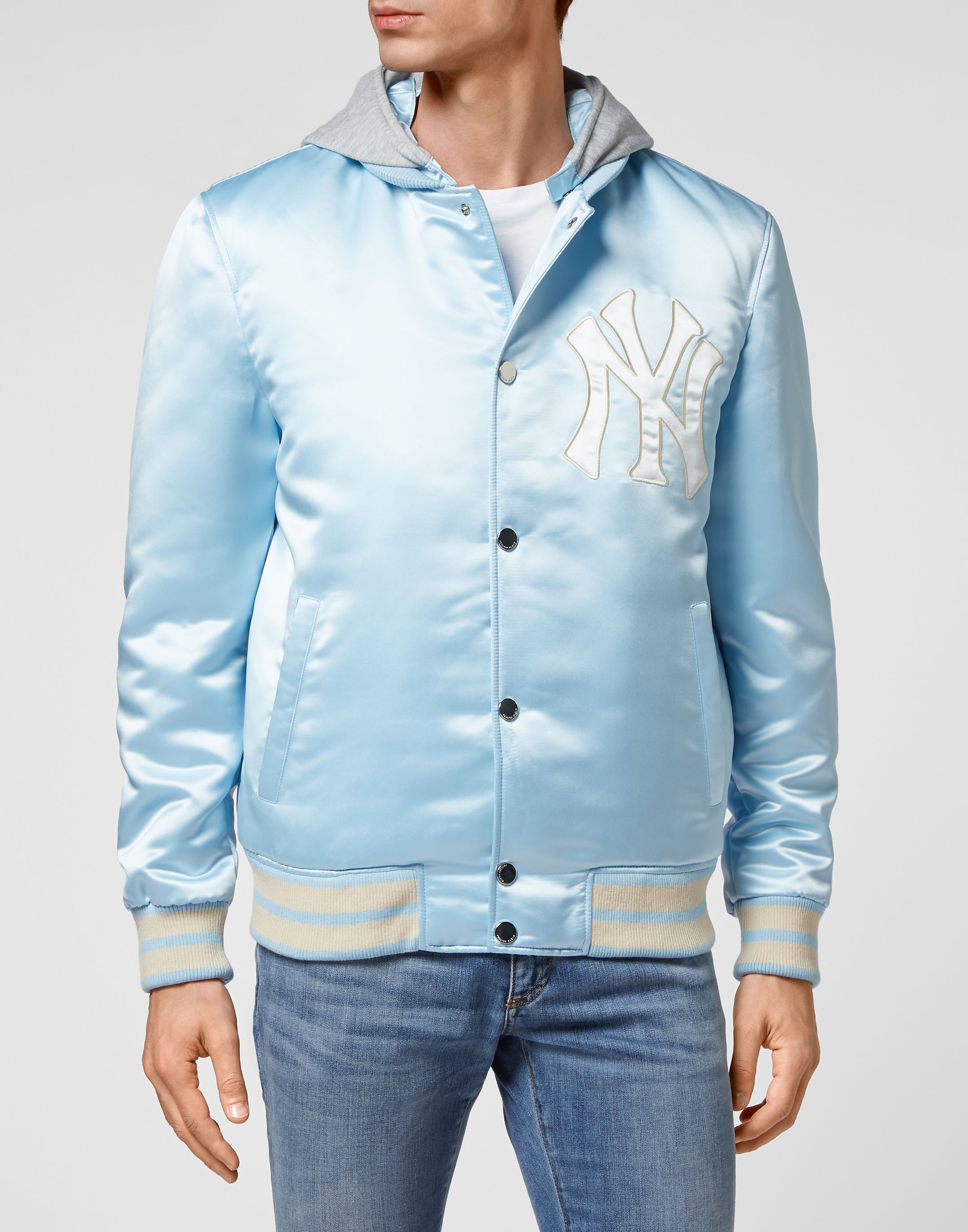 Women's Baby Blue Satin Bomber Varsity Jacket